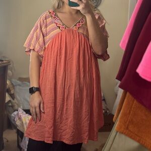 Velzera Coral and Pink Embroidered Tunic